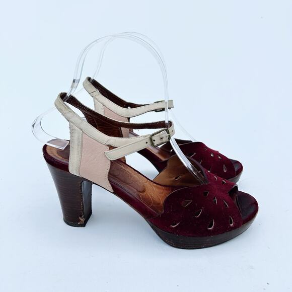 Chie Mihara Burgundy Red Suede Mod Heels 36 Chunky 6 Leather Pumps - Picture 1 of 11